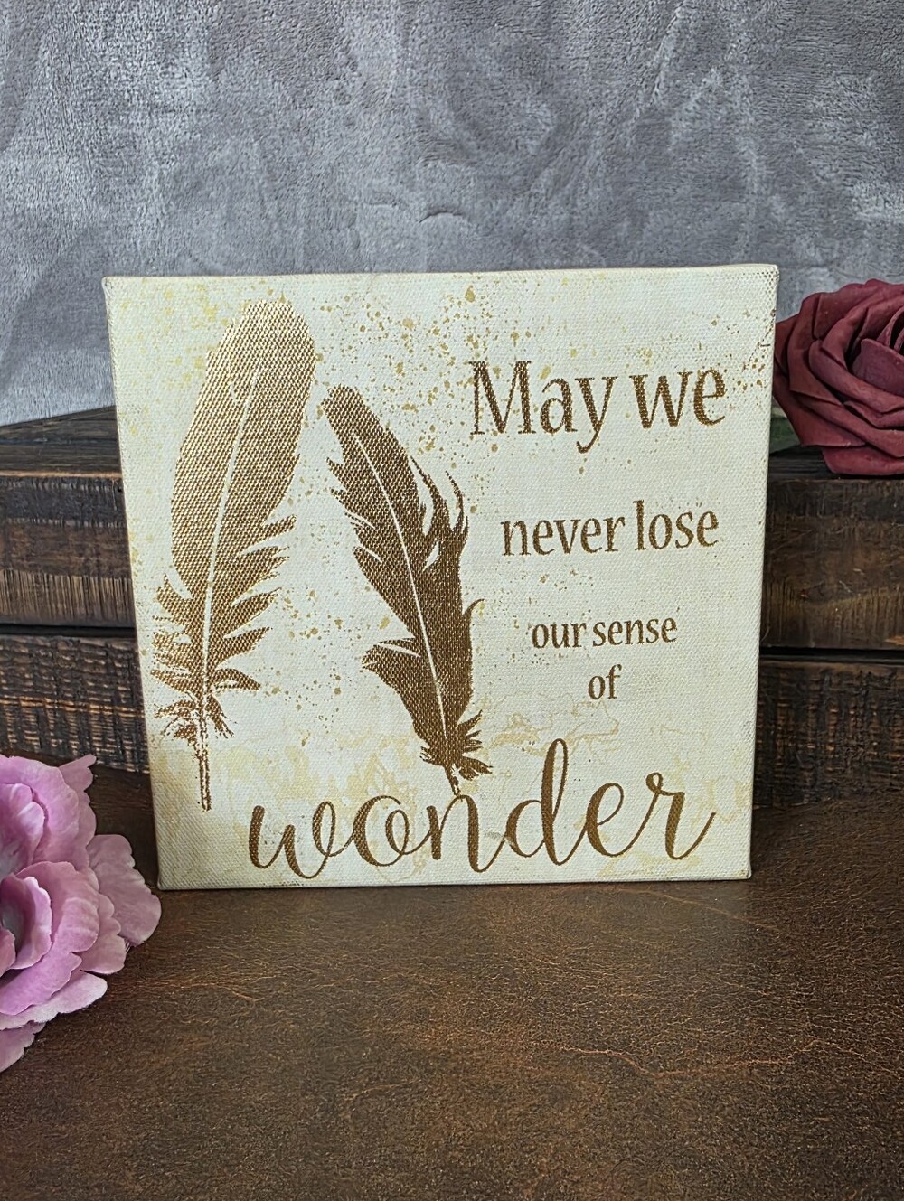 May We Never Lose Our Sense of Wonder Canvas Art Sign 6 In Square Feather Whimsy